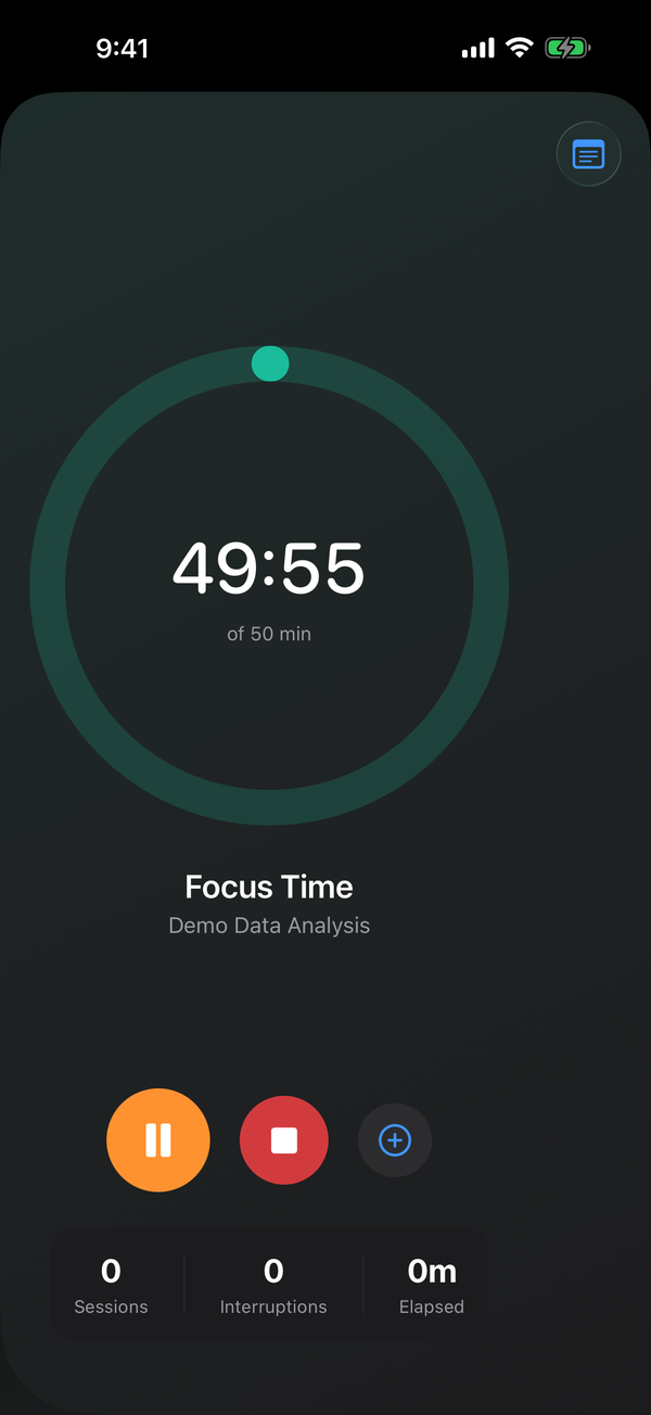 DeepWork focus timer showing a circular countdown at 49:55 of 50 minutes for a Data Analysis session.