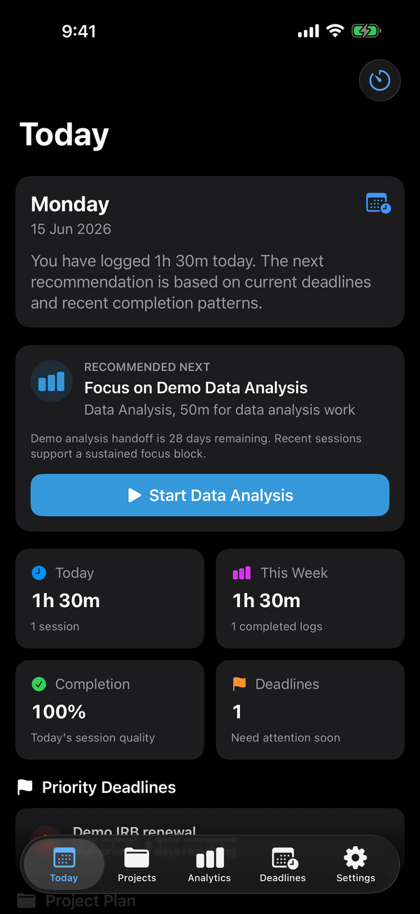 DeepWork Today screen showing logged focus time, a recommended next session, completion percentage, and priority deadlines.