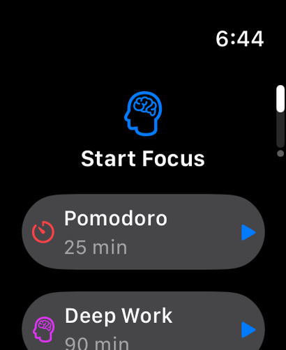 DeepWork on Apple Watch showing a Start Focus screen with Pomodoro and Deep Work session options.