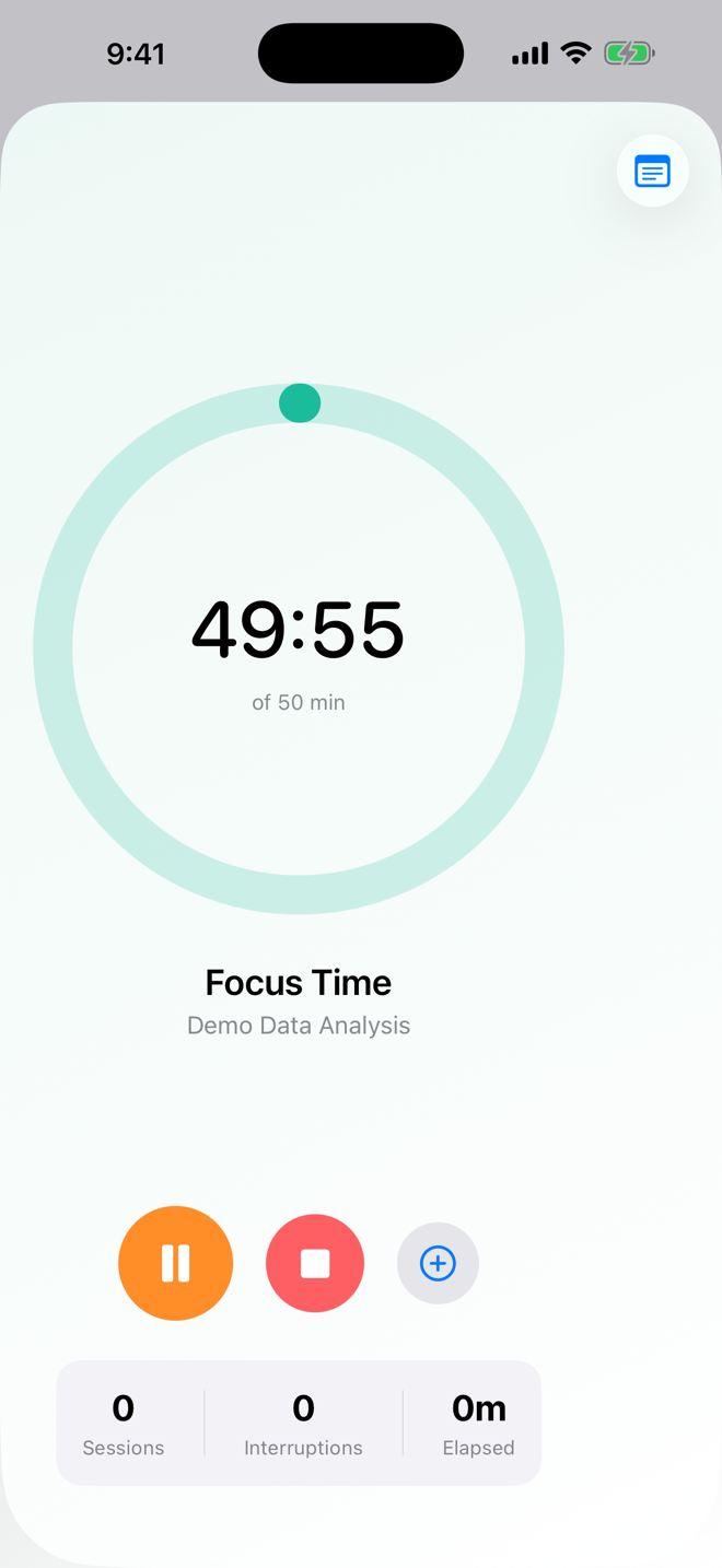 Active focus timer for a 50 minute Data Analysis session.